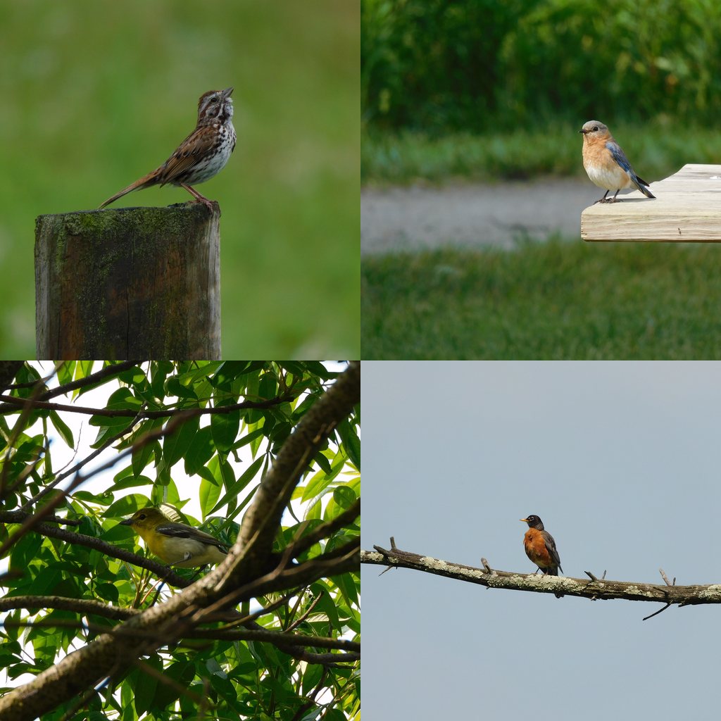 Collage of bird photos, song sparrow, robin, yellow throated vireo